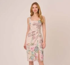Adrianna Papell Floral Matelasse Sheath Dress With Draped Details In Marble Multi