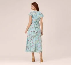 Adrianna Papell Floral Print Stretch Chiffon Midi-Length Fit-And-Flare Dress With Flutter Sleeves In Mint Smoke -Allure Attire AP1D104952 AH484 Regular Back
