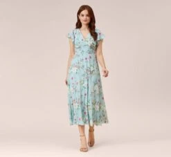Adrianna Papell Floral Print Stretch Chiffon Midi-Length Fit-And-Flare Dress With Flutter Sleeves In Mint Smoke