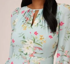 Adrianna Papell Floral Print Stretch Chiffon Tiered Ruffled Midi-Length Dress In Mint Smoke -Allure Attire AP1D104953 AH484 Regular Detail