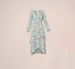 Adrianna Papell Floral Print Stretch Chiffon Tiered Ruffled Midi-Length Dress In Mint Smoke -Allure Attire AP1D104953 AH484 Regular Flat