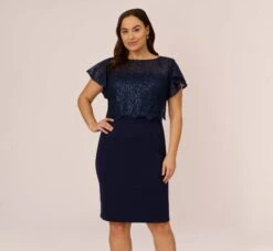 Adrianna Papell Plus Size Sequined Guipure Lace Popover Stretch Knit Crepe Short Sheath Dress In Navy