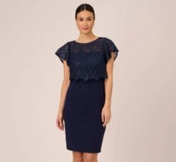 Adrianna Papell Sequined Guipure Lace Popover Stretch Knit Crepe Short Sheath Dress In Navy