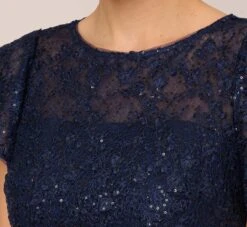 Adrianna Papell Sequined Guipure Lace Popover Stretch Knit Crepe Short Sheath Dress In Navy -Allure Attire AP1D104957 AC412 Regular Detail