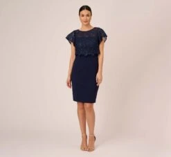 Adrianna Papell Sequined Guipure Lace Popover Stretch Knit Crepe Short Sheath Dress In Navy -Allure Attire AP1D104957 AC412 Regular Front