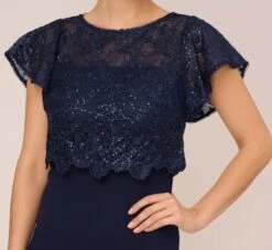 Adrianna Papell Sequined Guipure Lace Popover Stretch Knit Crepe Short Sheath Dress In Navy -Allure Attire AP1D104957 AC412 Regular Lifestyle