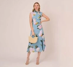 Adrianna Papell Floral Print Crepe De Chine Midi-Length Dress In Blue Multi