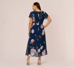 Adrianna Papell Plus Size Floral Print Chiffon Cropped Jumpsuit In Navy Multi -Allure Attire AP1D104961 AA980 Plus Back