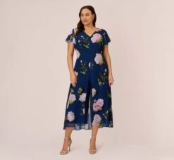 Adrianna Papell Plus Size Floral Print Chiffon Cropped Jumpsuit In Navy Multi