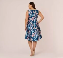 Adrianna Papell Plus Size Floral Print Mikado Short High Low Fit-And-Flare Dress In Navy Multi -Allure Attire AP1D104962 AA980 Plus Back