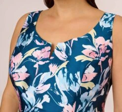 Adrianna Papell Plus Size Floral Print Mikado Short High Low Fit-And-Flare Dress In Navy Multi -Allure Attire AP1D104962 AA980 Plus Detail