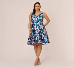 Adrianna Papell Plus Size Floral Print Mikado Short High Low Fit-And-Flare Dress In Navy Multi -Allure Attire AP1D104962 AA980 Plus Front