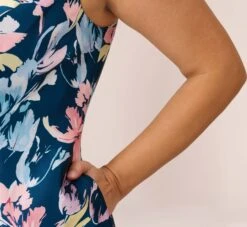 Adrianna Papell Plus Size Floral Print Mikado Short High Low Fit-And-Flare Dress In Navy Multi -Allure Attire AP1D104962 AA980 Plus Lifestyle