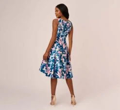 Adrianna Papell Floral Print Mikado Short High Low Fit-And-Flare Dress In Navy Multi -Allure Attire AP1D104962 AA980 Regular Back