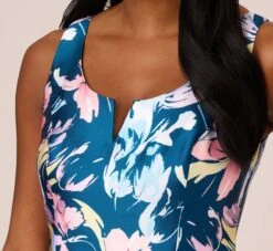 Adrianna Papell Floral Print Mikado Short High Low Fit-And-Flare Dress In Navy Multi -Allure Attire AP1D104962 AA980 Regular Detail