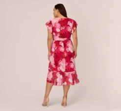 Adrianna Papell Plus Size Floral Print Smocked Chiffon Short Dress In Pink Multi -Allure Attire AP1D104963 AE970 Plus Back