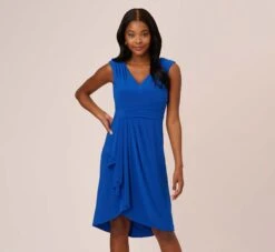 Adrianna Papell Stretch Matte Jersey Draped Asymmetrical Short Dress In Rich Royal
