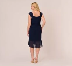 Adrianna Papell Plus Size Chiffon And Jersey Flounce Draped Dress With Pleated Details In Midnight -Allure Attire AP1D104977 AB411 Plus Back