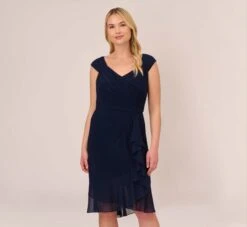 Adrianna Papell Plus Size Chiffon And Jersey Flounce Draped Dress With Pleated Details In Midnight