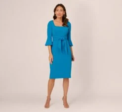 Adrianna Papell Stretch Knit Crepe Tie-Front Midi-Length Sheath Dress In Deep Cerulean -Allure Attire AP1D104978 AB431 Regular Front