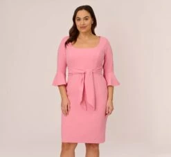 Adrianna Papell Plus Size Stretch Knit Crepe Tie-Front Midi-Length Sheath Dress In Faded Rose