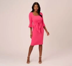 Adrianna Papell Stretch Knit Crepe Tie-Front Midi-Length Sheath Dress In Camellia 13 Adrianna Papell Stretch Knit Crepe Tie-Front Midi-Length Sheath Dress In Camellia -Allure Attire AP1D104978 AK672 Regular Front