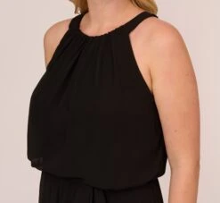 Adrianna Papell Plus Size Halter Jumpsuit With Chiffon Overlay Skirt In Black -Allure Attire AP1D104983 AA002 Plus Detail