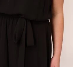 Adrianna Papell Plus Size Halter Jumpsuit With Chiffon Overlay Skirt In Black -Allure Attire AP1D104983 AA002 Plus Lifestyle