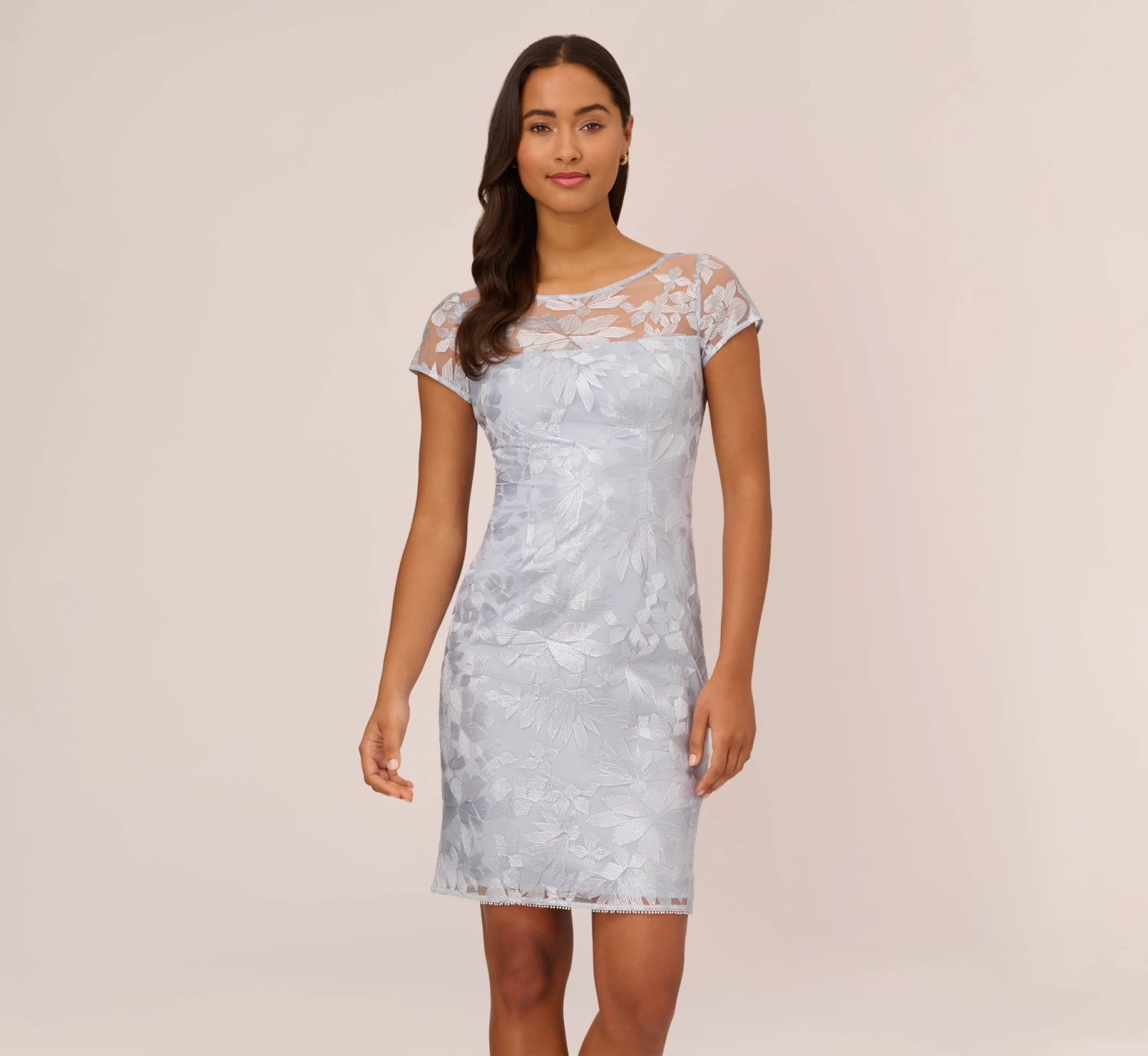Adrianna Papell Floral Embroidered Sheath Dress With Short Sleeves In Blue Breeze 1 Adrianna Papell Floral Embroidered Sheath Dress With Short Sleeves In Blue Breeze