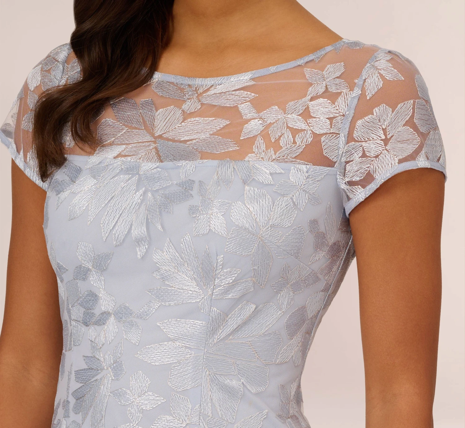 Adrianna Papell Floral Embroidered Sheath Dress With Short Sleeves In Blue Breeze 3 Adrianna Papell Floral Embroidered Sheath Dress With Short Sleeves In Blue Breeze - Image 3