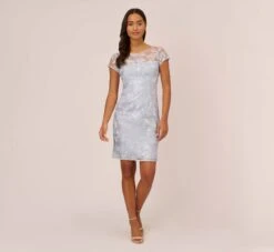 Adrianna Papell Floral Embroidered Sheath Dress With Short Sleeves In Blue Breeze 13 Adrianna Papell Floral Embroidered Sheath Dress With Short Sleeves In Blue Breeze -Allure Attire AP1D104993 AD497 Regular Front
