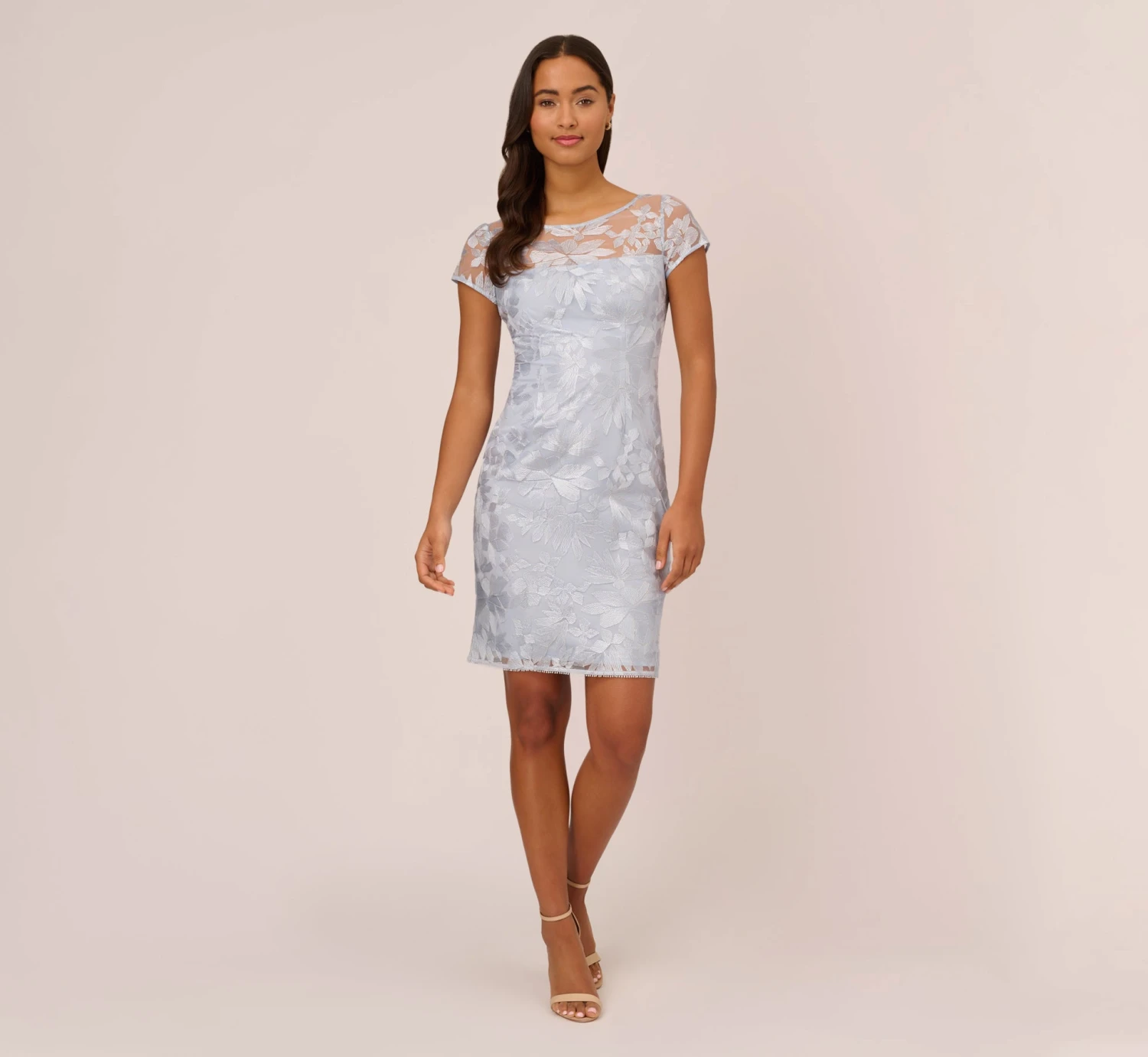 Adrianna Papell Floral Embroidered Sheath Dress With Short Sleeves In Blue Breeze 7 Adrianna Papell Floral Embroidered Sheath Dress With Short Sleeves In Blue Breeze - Image 7