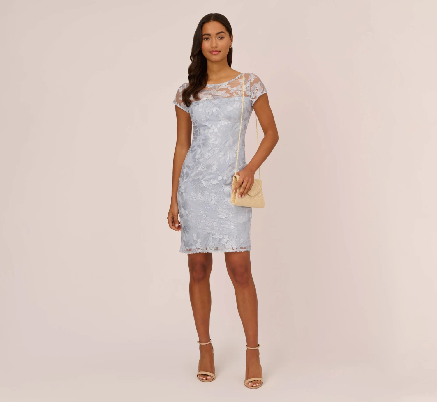 Adrianna Papell Floral Embroidered Sheath Dress With Short Sleeves In Blue Breeze 2 Adrianna Papell Floral Embroidered Sheath Dress With Short Sleeves In Blue Breeze - Image 2
