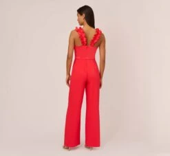Adrianna Papell Satin Crepe Jumpsuit With Ruffled Shoulders In Calypso Coral -Allure Attire AP1D104994 AD952 Regular Back