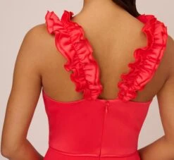 Adrianna Papell Satin Crepe Jumpsuit With Ruffled Shoulders In Calypso Coral -Allure Attire AP1D104994 AD952 Regular Lifestyle