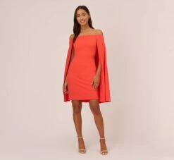 Adrianna Papell Off The Shoulder Cape Dress In Calypso Coral -Allure Attire AP1D104995 AD952 Regular Front