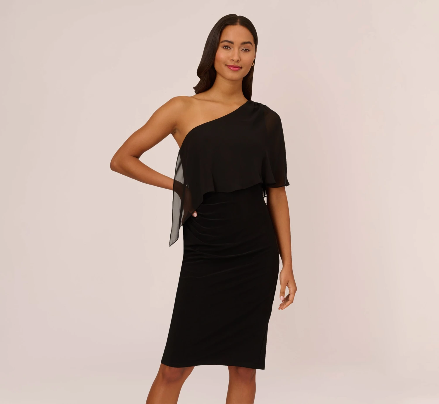 Adrianna Papell One Shoulder Dress With Chiffon Cape In Black 1 Adrianna Papell One Shoulder Dress With Chiffon Cape In Black