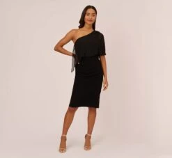 Adrianna Papell One Shoulder Dress With Chiffon Cape In Black 15 Adrianna Papell One Shoulder Dress With Chiffon Cape In Black -Allure Attire AP1D104997 AA002 Regular Front