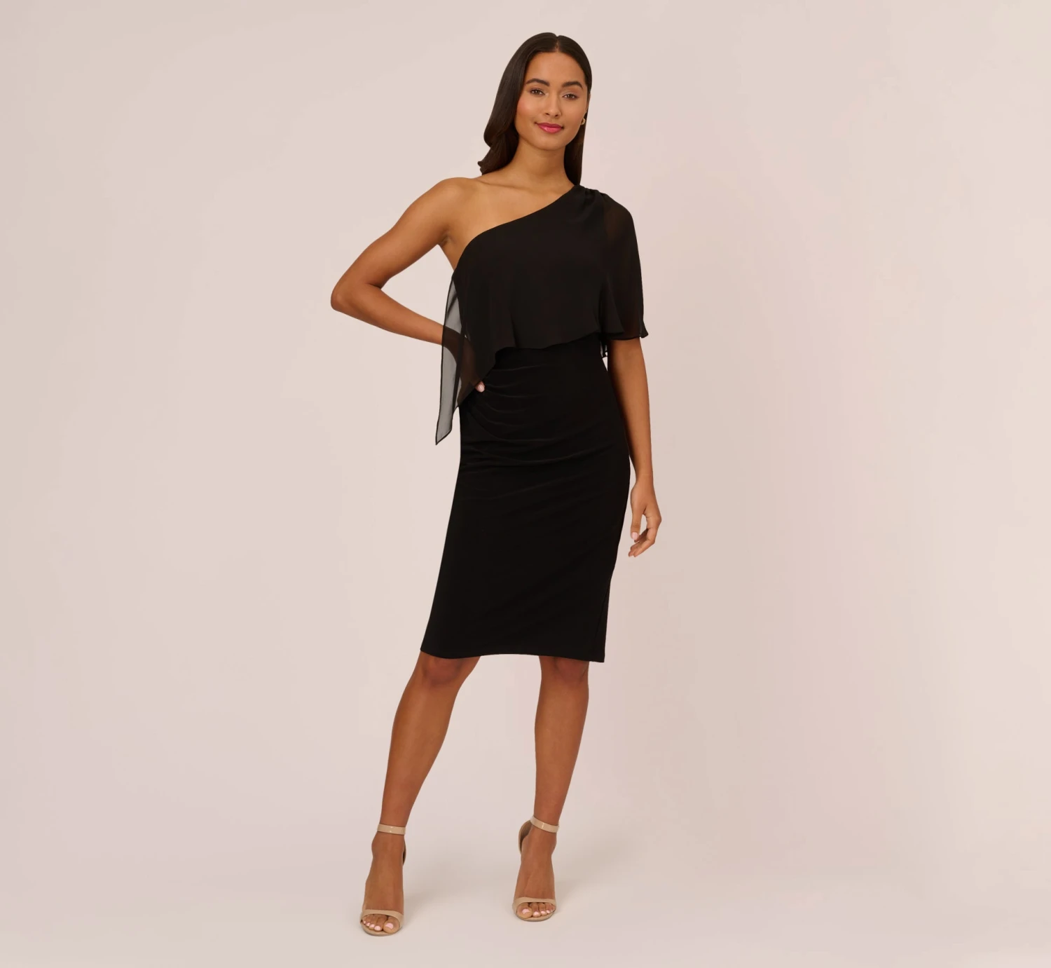 Adrianna Papell One Shoulder Dress With Chiffon Cape In Black 8 Adrianna Papell One Shoulder Dress With Chiffon Cape In Black - Image 8