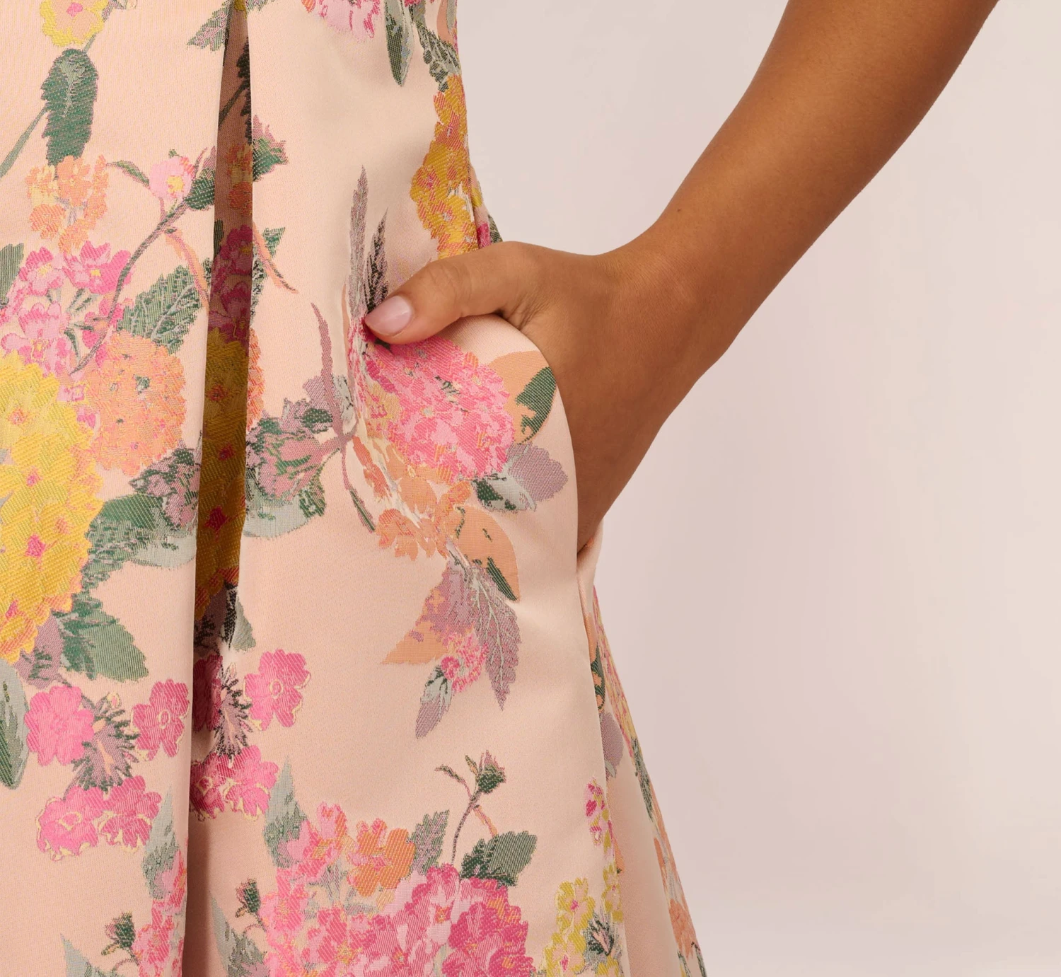 Adrianna Papell Floral Jacquard Dress With Pleated Details In Rose Multi 3 Adrianna Papell Floral Jacquard Dress With Pleated Details In Rose Multi - Image 3