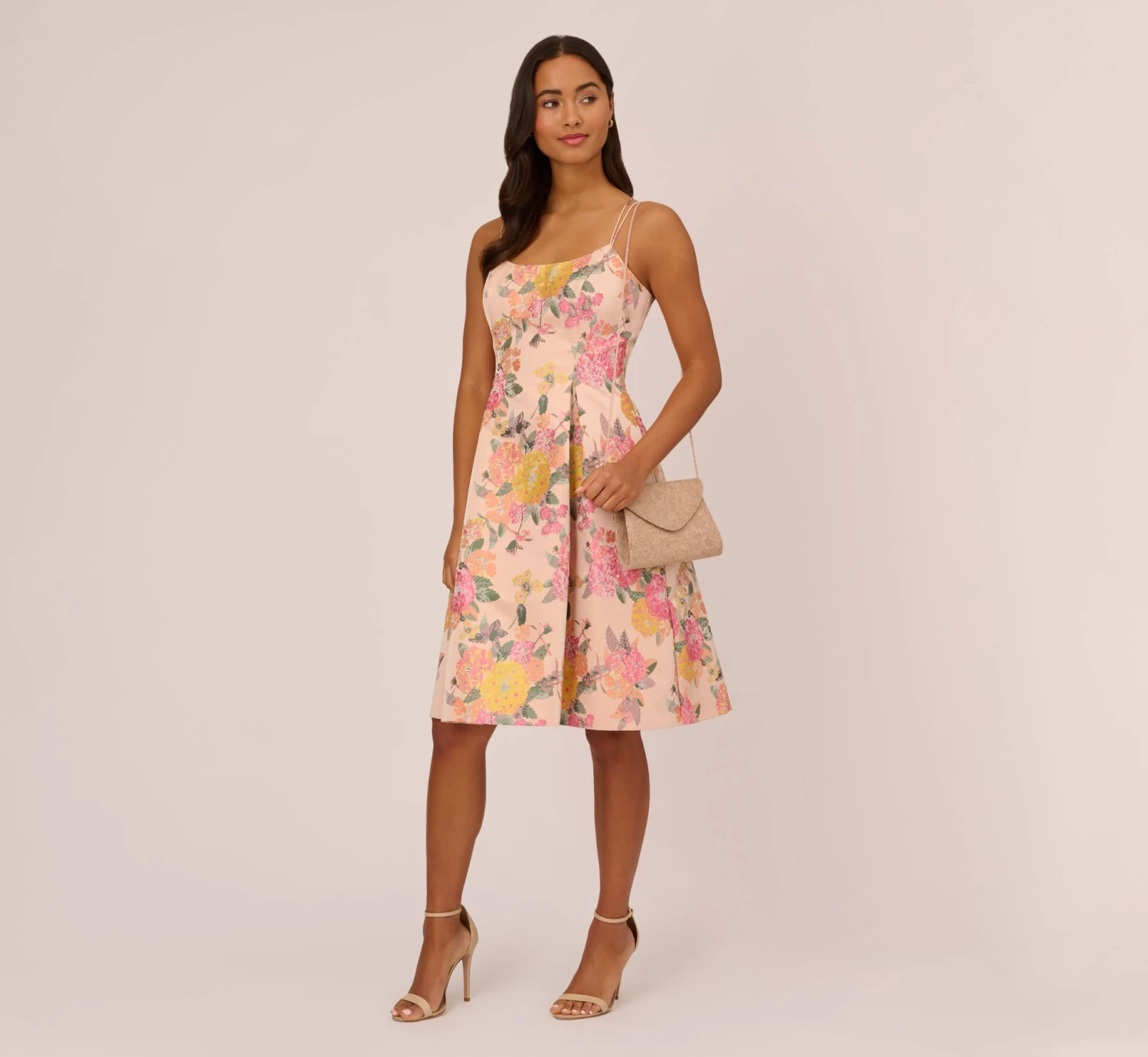 Adrianna Papell Floral Jacquard Dress With Pleated Details In Rose Multi 2 Adrianna Papell Floral Jacquard Dress With Pleated Details In Rose Multi - Image 2