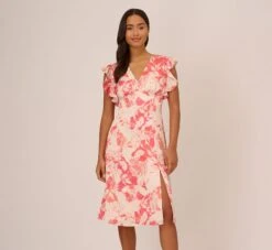 Adrianna Papell Floral Printed Midi Dress With Flutter Sleeves In Coral Ecru