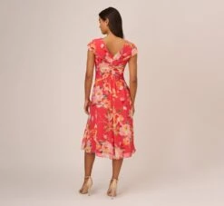 Adrianna Papell Floral Print Midi Dress With Twist Neckline In Coral Multi -Allure Attire AP1D105006 AA955 Regular Back