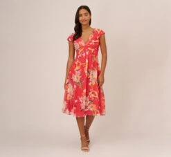 Adrianna Papell Floral Print Midi Dress With Twist Neckline In Coral Multi -Allure Attire AP1D105006 AA955 Regular Default 18d8b48e f6bc 44e7 a2bb 94c0f788ab30
