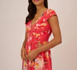 Adrianna Papell Floral Print Midi Dress With Twist Neckline In Coral Multi -Allure Attire AP1D105006 AA955 Regular Detail