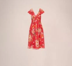 Adrianna Papell Floral Print Midi Dress With Twist Neckline In Coral Multi -Allure Attire AP1D105006 AA955 Regular Flat