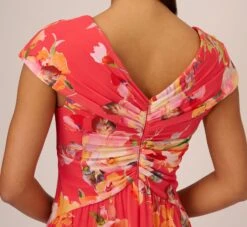 Adrianna Papell Floral Print Midi Dress With Twist Neckline In Coral Multi -Allure Attire AP1D105006 AA955 Regular Lifestyle