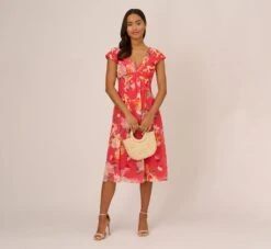 Adrianna Papell Floral Print Midi Dress With Twist Neckline In Coral Multi