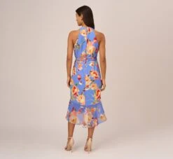 Adrianna Papell Floral Print Faux Wrap Halter Dress With Ruffle Details In Peri Multi -Allure Attire AP1D105007 AC494 Regular Back