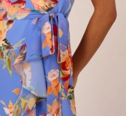 Adrianna Papell Floral Print Faux Wrap Halter Dress With Ruffle Details In Peri Multi -Allure Attire AP1D105007 AC494 Regular Lifestyle